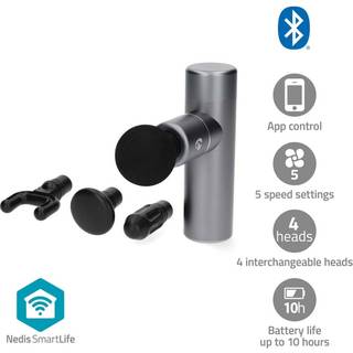 Nedis - SmartLife Sportsmassage Pistol | Accu drevet | Indbygget Lithium-Ion | Opladningsbar | 5 Massage typer | Fladt Hoved / Konisk hoved / Kugleformet hoved / Snørepose / U-formet hoved | Mørkegrå - BTHMSG10GY