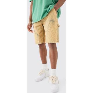 Mens Yellow Fixed Waist Relaxed Washed Carpenter Short