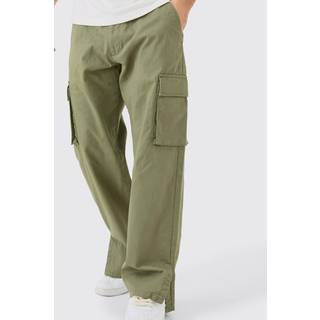Mens Khaki Fixed Waist Relaxed Fit Cargo Split Hem Trouser