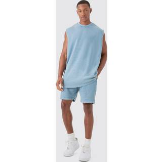 Mens Blue Oversized Washed Heavyweight Waffle vest & Shorts Set