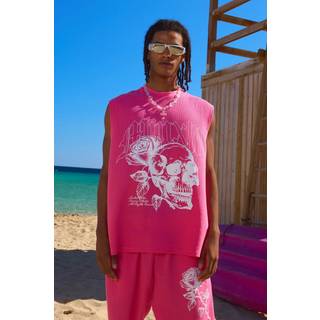 Mens Pink Oversized Rose Skull Waffle Large Printed vest & Shorts Set