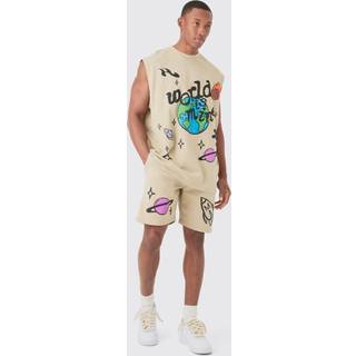 Mens Stone Oversized Worldwide Large Puff Print vest & Shorts Set