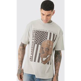 Mens Stone Oversized US Flag Skull Print Wash T-shirt
