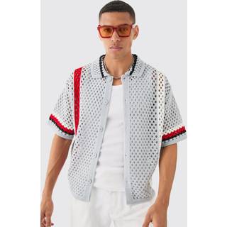 Mens Grey Oversized Boxy Open Knit Abstract Stripe Shirt