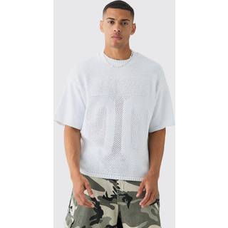 Mens White Oversized Open Stitch Tonal Varsity Knitted T-shirt