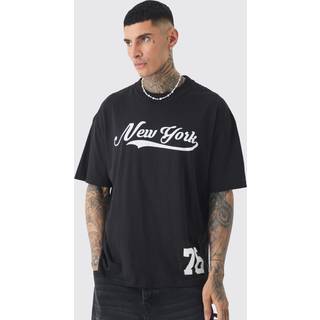 Mens Black Tall Oversized New York Varsity Print T-shirt