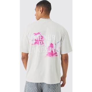 Mens Light Grey Oversized Extended Neck Heavyweight Bird Back Print T-shirt