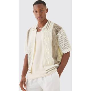Mens Stone Boxy Dual Zip Open Stitch Colour Block Shirt