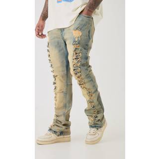 Mens Bleach Wash Plus Distressed Stretch Skinny Flared Jeans