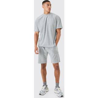 Mens Grey Marl Oversized Extended Neck Towelling T-shirt & Short Set