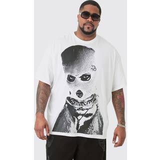 Mens Plus Oversized Mono Balaclava Print T-shirt In White