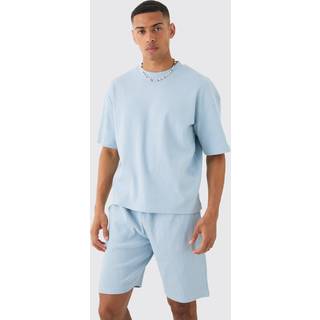 Mens Ice Blue Oversized Boxy Heavyweight Ribbed T-shirt & Shorts Set