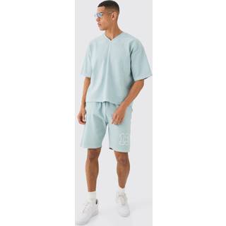 Mens Light Blue Regular Fit Heavyweight Ribbed Washed Short Sleeve Sweatshirt & Short Set