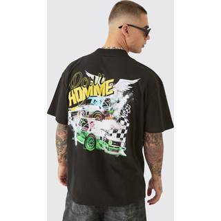 Mens Black Oversized Extended Neck Race Car Graphic Back Print T-shirt