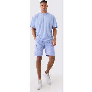 Mens Dusty Blue Oversized Extended Neck Towelling T-shirt & Cargo Shorts Set