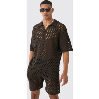 Mens Chocolate Oversized Open Stitch Knitted Short Set