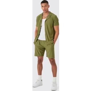 Mens Khaki Regular Fit Short Sleeve Ribbed Shirt & Short Set