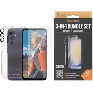 Samsung Galaxy A25 (5G) PanzerGlass 3-i-1 Bundle m. EasyAligner - Skærmbeskyttelse (UWF) / D3O Bio Hardcase Cover / Hoops Kamerabeskyttelse - Gennemsigtig / Sort