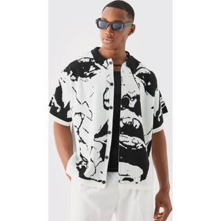 Mens White Boxy Fit Line Drawing Knitted Shirt