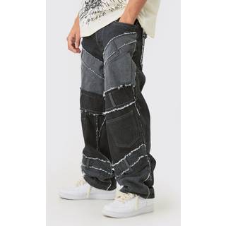 Mens Washed Black Baggy Rigid Patchwork Waistband Detail Jean In Black