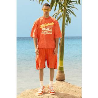 Mens Orange Reverse Loopback Printed Half Sleeve Sweatshirt