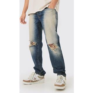 Mens Straight Rigid Washed Blue Ripped Knee Jeans