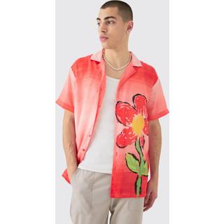 Mens Red Oversized Ombre Flower Print Linen Look Shirt