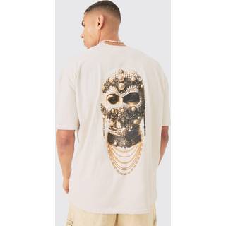Mens Ecru Oversized Washed Jewel Mask Back Print T-shirt