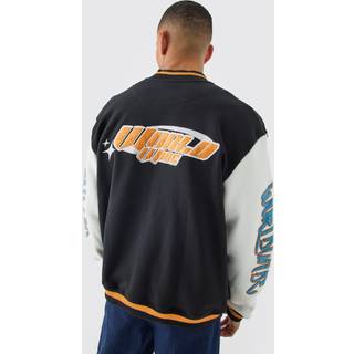 Mens Black Oversized Worldwide Applique Jersey Bomber Jacket