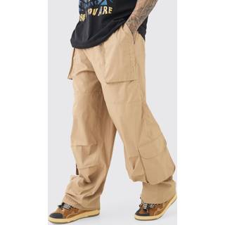 Mens Taupe Tall Elasticated Waist Oversized Peached Cargo Trouser