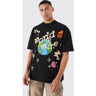 Mens Black Oversized Extended Neck Space Graphic T-shirt