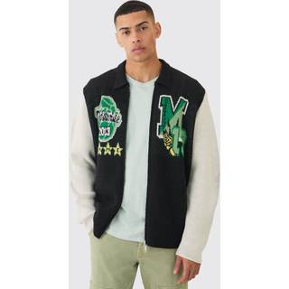 Mens Oversized Varsity Knitted Harrington Jacket In Black