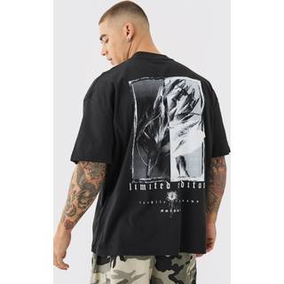 Mens Black Oversized Extended Neck Floral Graphic Back Print T-shirt