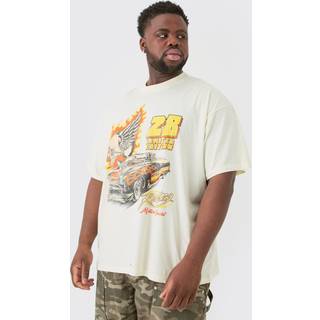 Mens Sand Plus Oversized Skull Car Graphic T-shirt