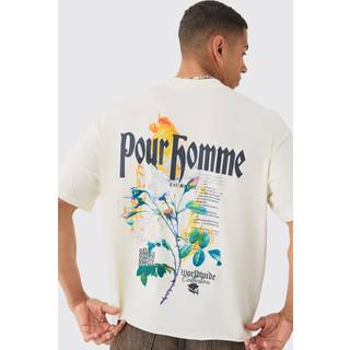Mens Ecru Oversized Boxy Extended Neck Floral Back Print Wash T-shirt