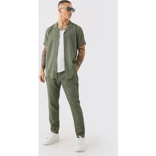 Mens Khaki Seersucker Revere Collar Shirt & Trouser Set