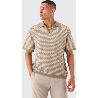 Mens Stone Oversized Boxy Stripe Textured Knit Polo