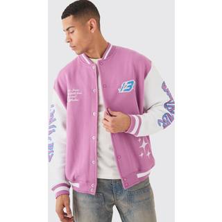 Mens Pink Oversized Worldwide Applique Jersey Bomber Jacket