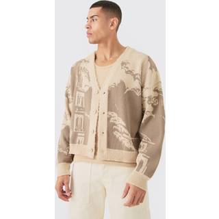 Mens Stone Boxy Oversized Brushed Tonal Scenic Cardigan