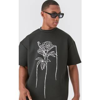 Mens Black Oversized Floral Line Drawing Scuba T-shirt