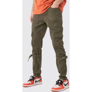 Mens Khaki Skinny Stretch Zip Multi Strap Cargo Trouser
