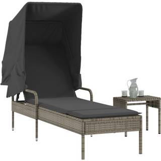 liggestol med baldakin og bord polyrattan lysegrå
