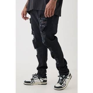 Mens True Black Plus Skinny Stretch All Over Rip Jeans