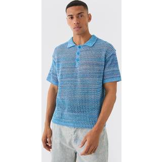 Mens Light Blue Oversized Boxy Ombre Open Stitch Polo