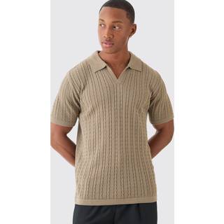 Mens Taupe Regular Revere Collar Cable Knit Polo