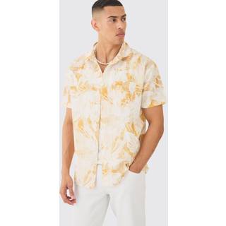 Mens Mustard Oversized Linen Look Brush Palm Print Shirt