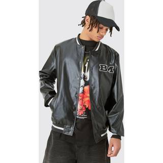 Mens PU Badge Varsity Jacket In Black