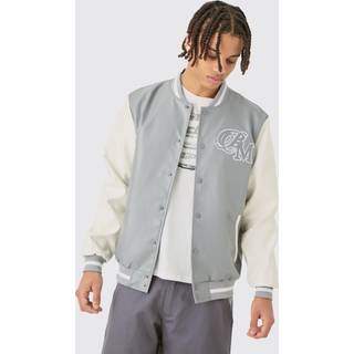 Mens PU Badge Varsity Jacket In Grey