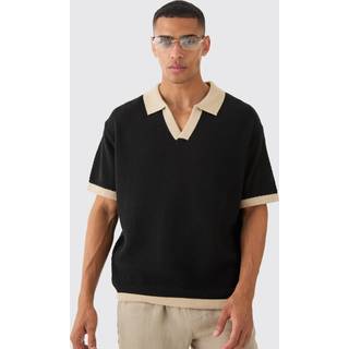 Mens Black Oversized Boxy Drop Shoulder Contrast Knit Polo