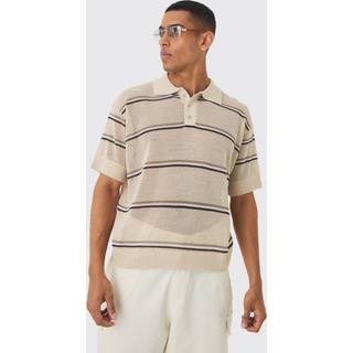 Mens Stone Oversized Boxy Open Stitch Stripe Polo